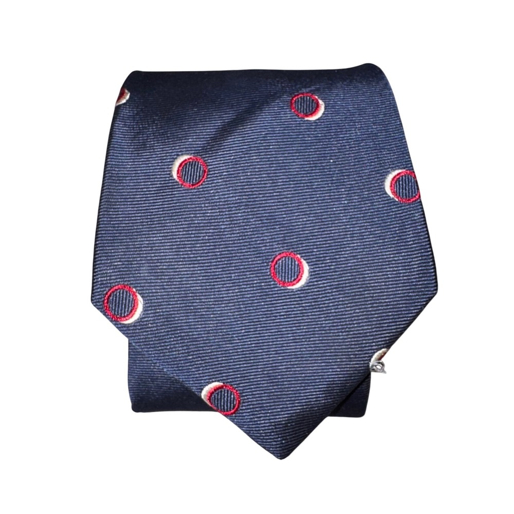 Adams Row Mens Silk Blend Tie Navy Blue‎ Red Geometric Circle Pattern Classic